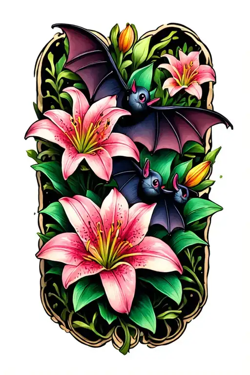 petite bats with a colourful lily flowers tattoo design idea