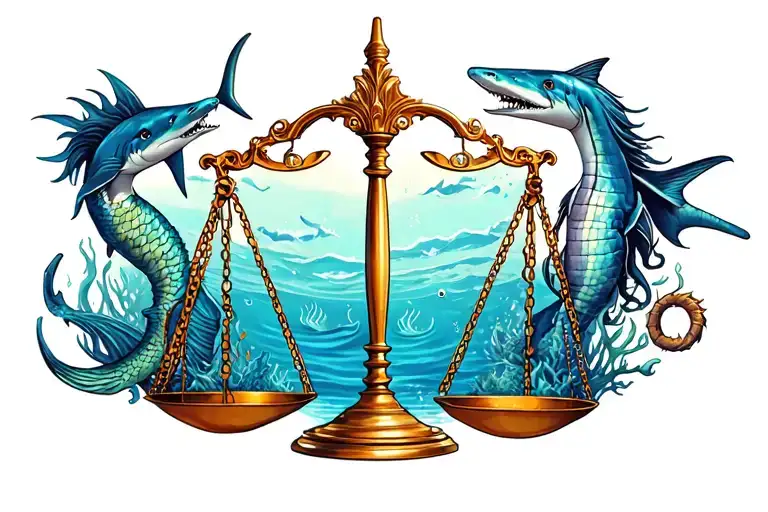 libra scales with underwater ocean theme with mermaid, sharks, and seahorses tattoo design idea