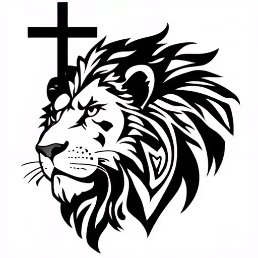 lion face with cross and Polynesian design tattoo design idea