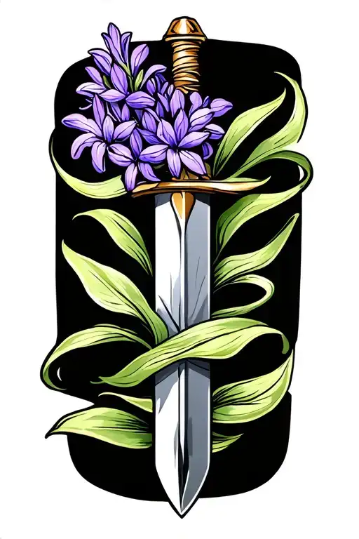 purple hyacinth flower wrapping around a dagger tattoo design idea