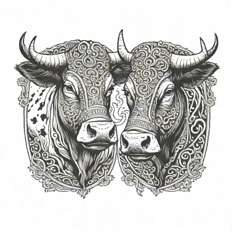 two higland cows with their noses touching like a kiss. one cow wearing a viking helmet and the other cow has a shield tattoo design idea