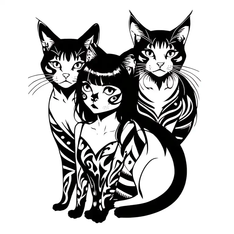punk rock girl with gang of cats tattoo design idea