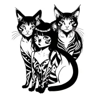 punk rock girl with gang of cats tattoo design idea