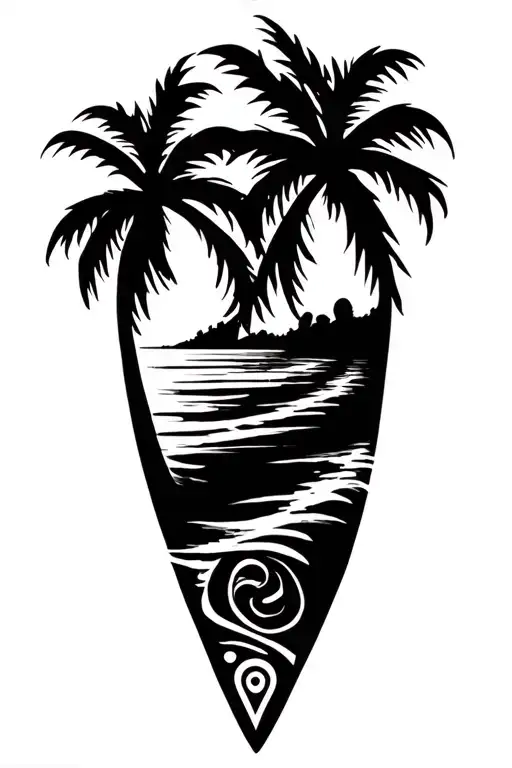 A beach scene with palm trees and waves, incorporating Polynesian symbols and a subtle nod to music tattoo design idea