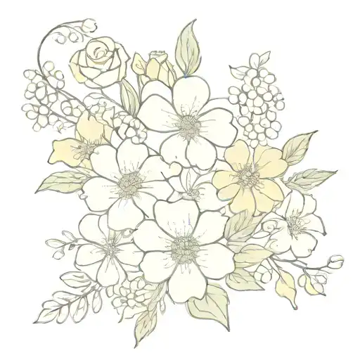Flower bouquet (buttercups, daises, roses, tulips, hawthorne, and lilly of the valley) with "Only Fear God tattoo design idea