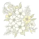 Flower bouquet (buttercups, daises, roses, tulips, hawthorne, and lilly of the valley) with "Only Fear God tattoo design idea