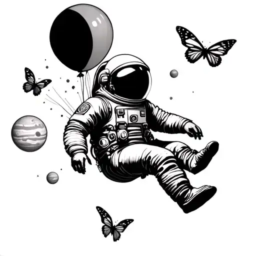 astronaut floating in space with planets as balloons holding the on left hand. 3 butterflies approach him tattoo design idea