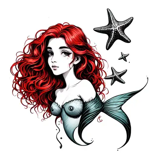 little mermaid with 3 star fish fine line with red hair tattoo design idea