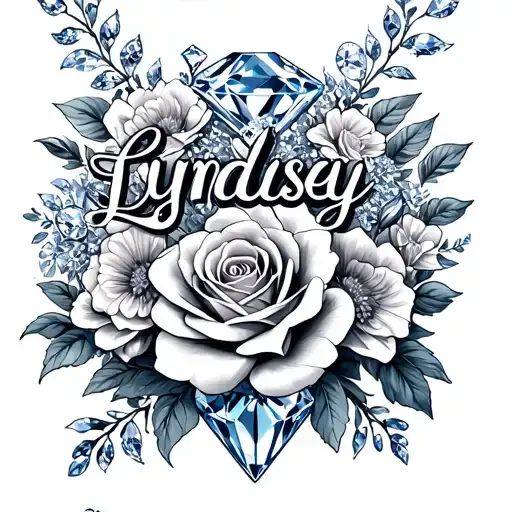 Lyndsey’s name, diamonds, lots of flowers, roses, est. 9.10.11, sapphire tattoo design idea