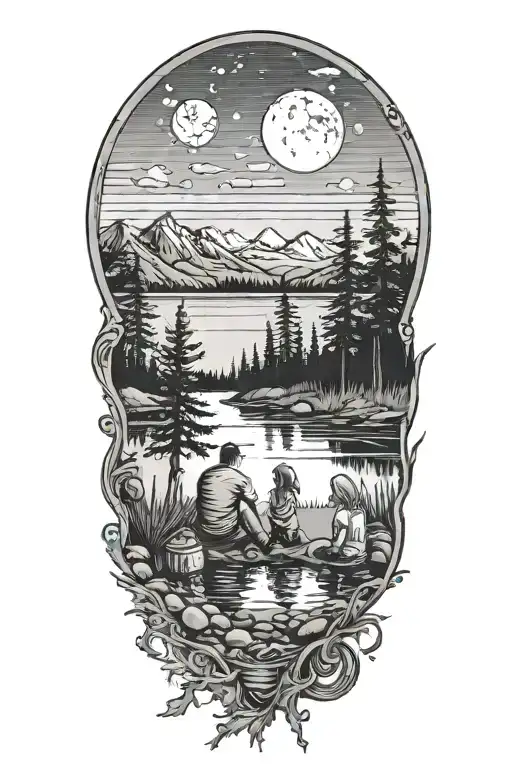 Man, woman, child, sitting at campfire overlooking lake. Trees, mountains, moon in background. Cabin on the shore tattoo design idea