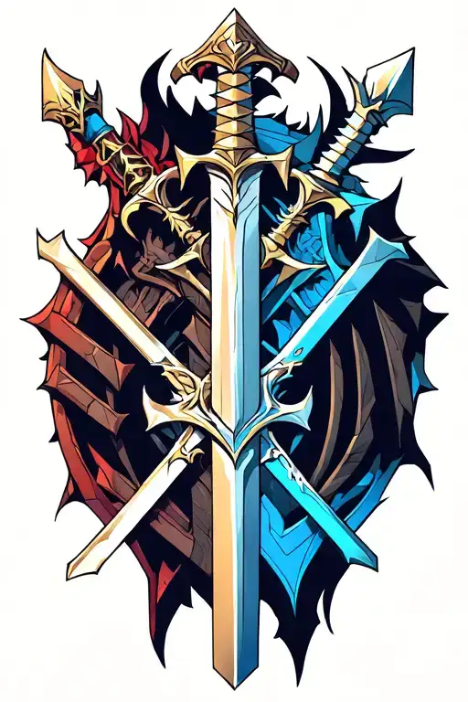 Keyblade (kingdom hearts), Master sword (Zelda), and dragonslayer (berserk). Three blades, Crossing at their midpoints,  tattoo design idea