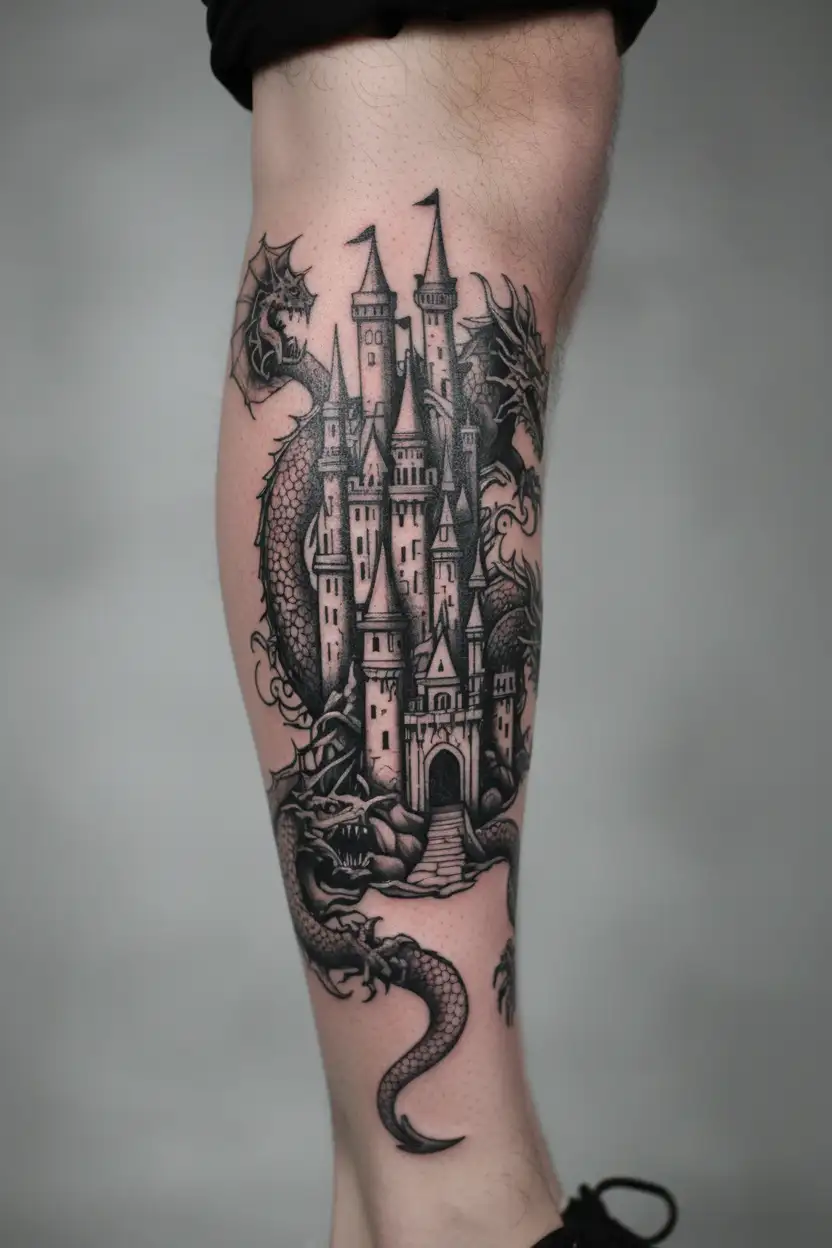 three little dragons castle tattoo design idea
