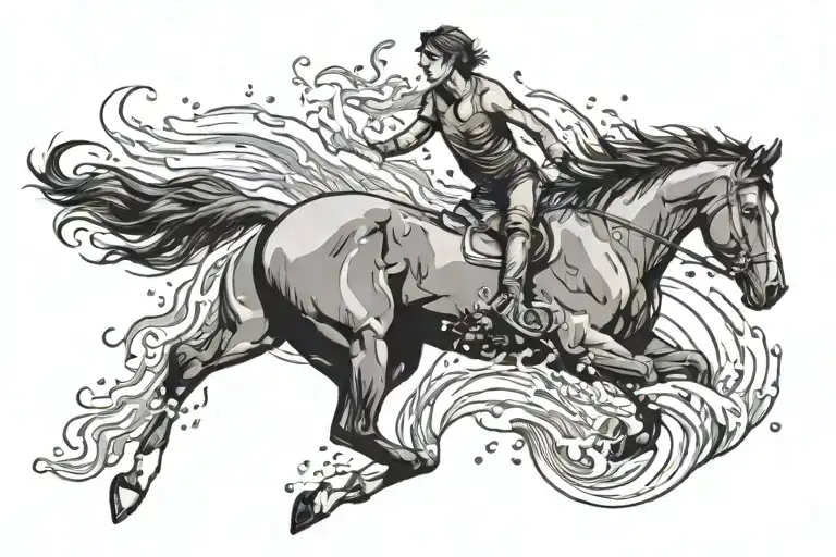 horse jumping through a pool of water, transforming into a kelpie on the other side tattoo design idea