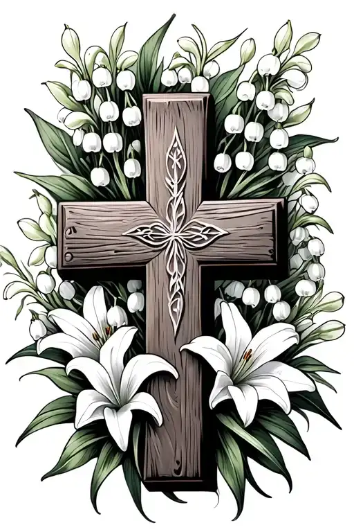 wooden cross surrounded by lily of the valley tattoo design idea