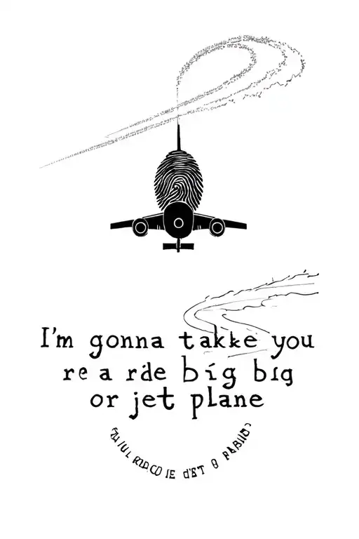 plane with a fingerprint in the cockpit and a contrail with the phrase "I'm gonna take you for a ride on a big jet plane tattoo design idea
