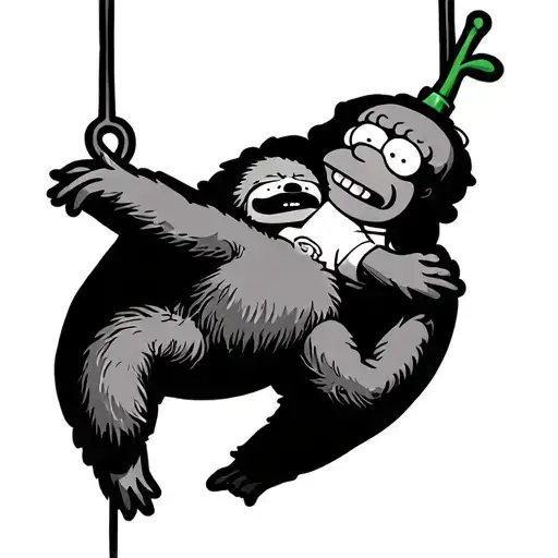 sloth swinging off a chili pepper with cartman, Homer Simpson and berty Bassett tattoo design idea