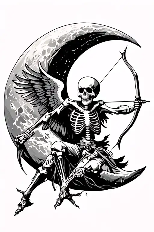 skeleton archer with one wing on half moon tattoo design idea