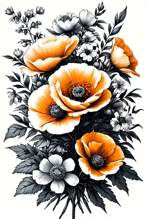 Bouquet of flowers with California poppy California native rose Fremontia Almond blossoms, and other California flowers tattoo design idea