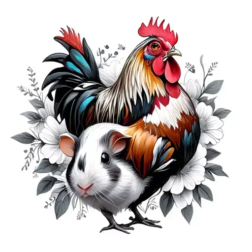 rooster and Guinea pig with flowers tattoo design idea