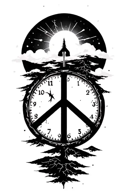 peace and lightining storm and time and nature tattoo design idea
