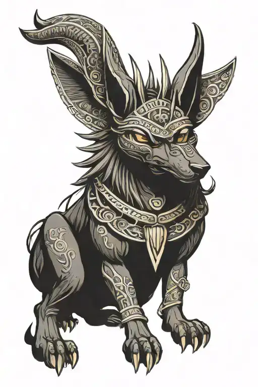 The forearm depicts Anubis, the Egyptian god of death, with a serious and focused look. Anubis is made in the traditional tattoo design idea