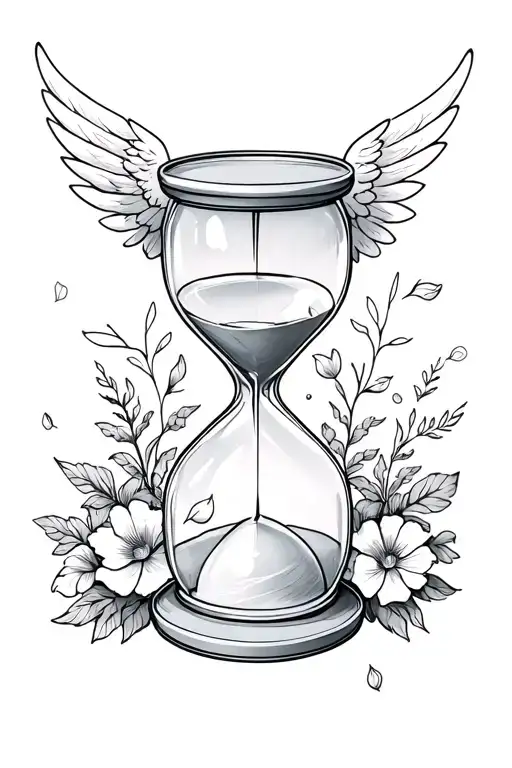 hourglass with wings behind it, and a lot of flowers and petals around as a background tattoo design idea