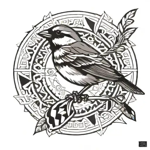 Tribal-inspired sparrow inside a flash circle with an infinity theme, black and white, no shading, clean lines tattoo design idea