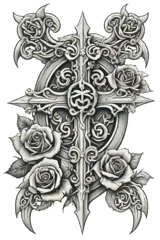 chrome hearts cross with  roses and crown of thorns tattoo design idea
