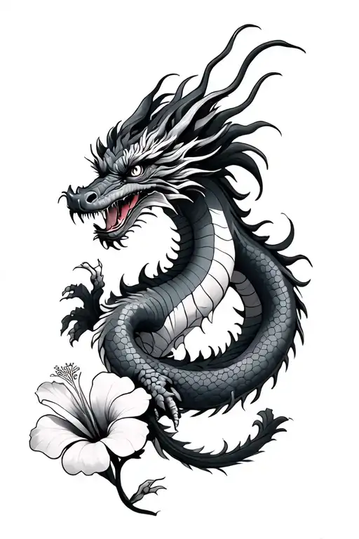 south Korean style dragon with Hibiscus syriacus tattoo design idea