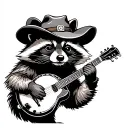 raccoon with banjo and wearing cowboy hat  tattoo design idea