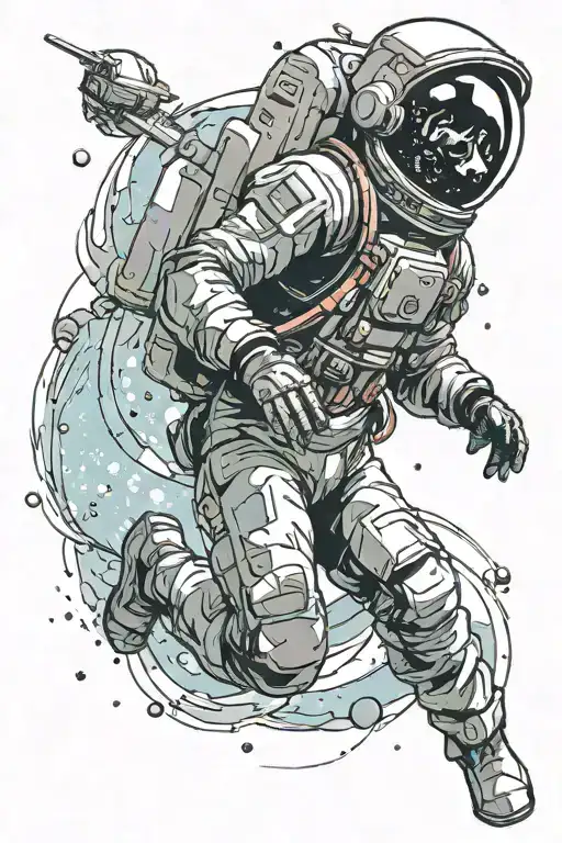 A full body astronaut floating in space with the reflection of an alien in its visor. tattoo design idea