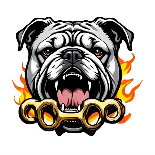 A snarling English bulldog with brass knuckles in its mouth, flames in the background. Gritty and masculine. tattoo design idea