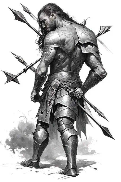 fallen wounded knight with arrows in his back tattoo design idea