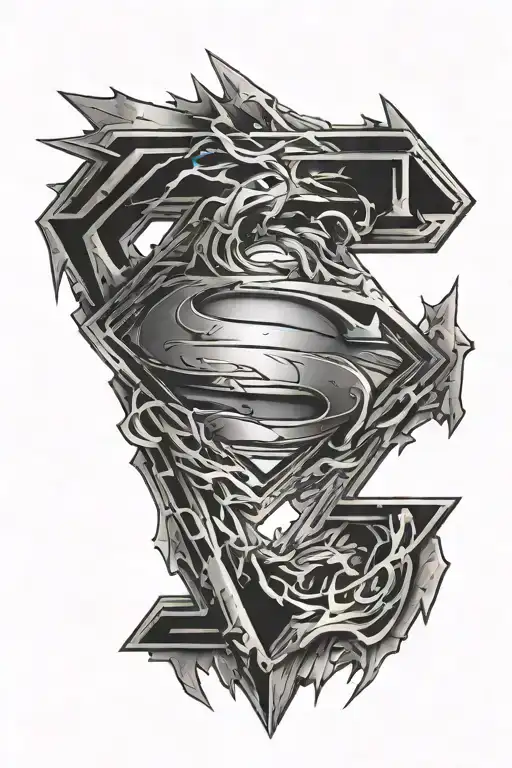 Superman logo in cyber sigillism with the number 90  and the number 7  tattoo design idea