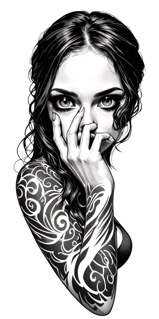 Mysterious Woman with Hidden Eyes (Shushing Gesture) tattoo design idea