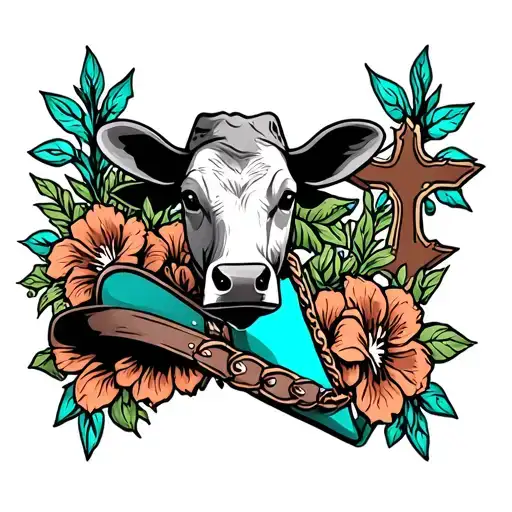 western tattoo, with cow tag, cross, flowers, cowboy hat, and turqouise  tattoo design idea