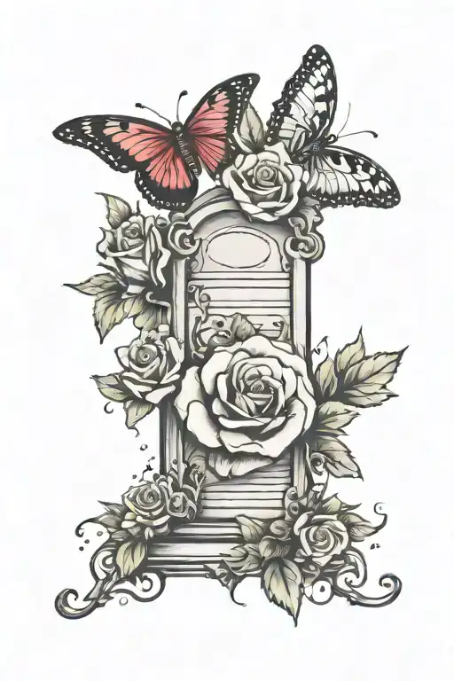 gravestone rose and butter fly tattoo design idea