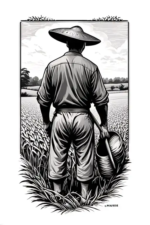 story of the Chinese farmer working in field facing away tattoo design idea