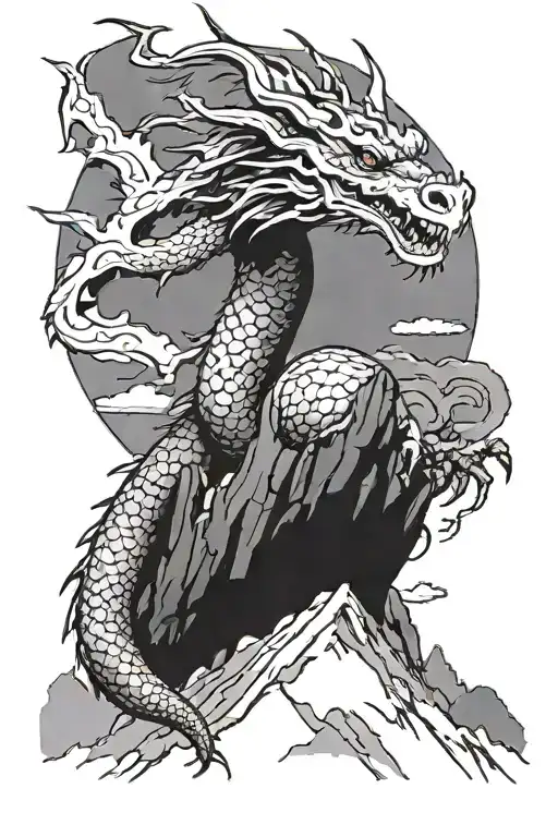 dragon tattoo sitting on top of a mountain tattoo design idea