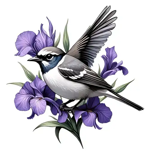 mockingbird with purple iris flowers tattoo design idea