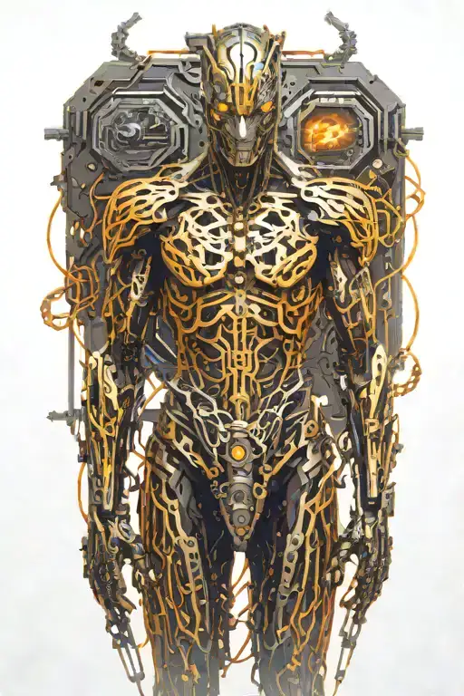 Cybernetic warrior standing in front of broken chains, glowing circuits on the body and light illuminating the path forw tattoo design idea
