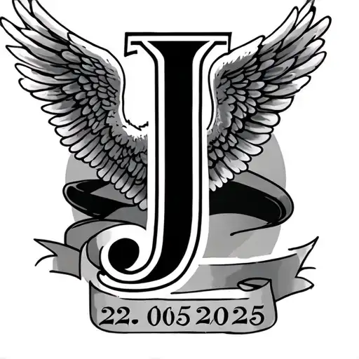 realistic small tattoo with angel wings, the letter J and the date 22/05/2025 in Roman numerals tattoo design idea