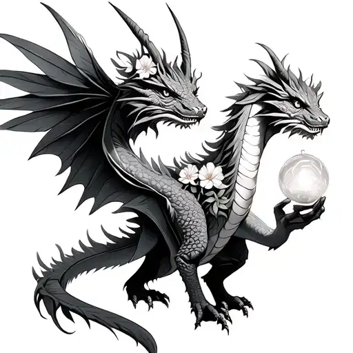 feather winged dragon with antennae, covered in flowers, and holding a glowing orb tattoo design idea