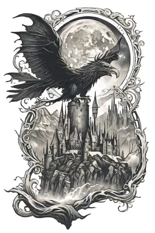 patronus vs dementor in background hogwarts castle overlooking mountains  tattoo design idea
