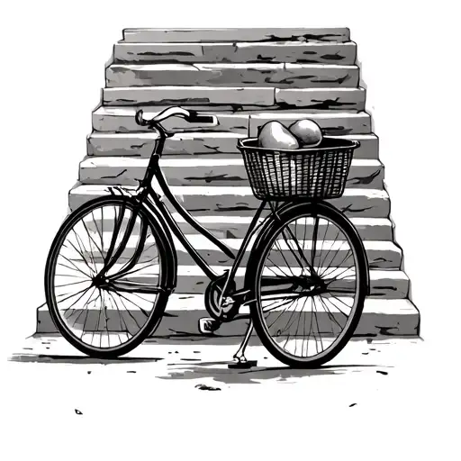 vintage male bicycle leaning against a stone staircase. On the handlebars, there’s a basket of one pear tattoo design idea