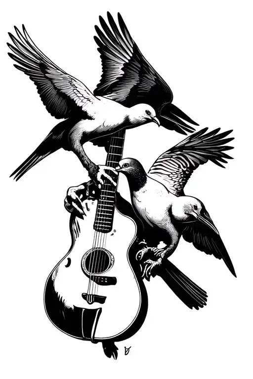 2 doves plucking a guitar strings tattoo design idea