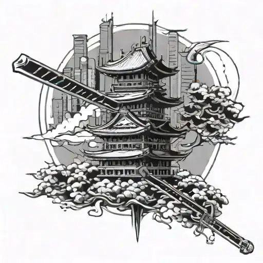 A futuristic skyline of Tokyo with traditional Japanese swords intertwined, incorporating Kanji characters for strength and courage tattoo design idea