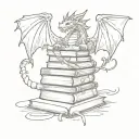 small book stack with a dragon flying and a crown and a sword and a werewolf head and a wand  tattoo design idea