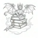 small book stack with a dragon flying and a crown and a sword and a werewolf head and a wand  tattoo design idea