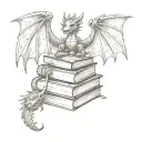 small book stack with a dragon flying and a crown and a sword and a werewolf head and a wand  tattoo design idea
